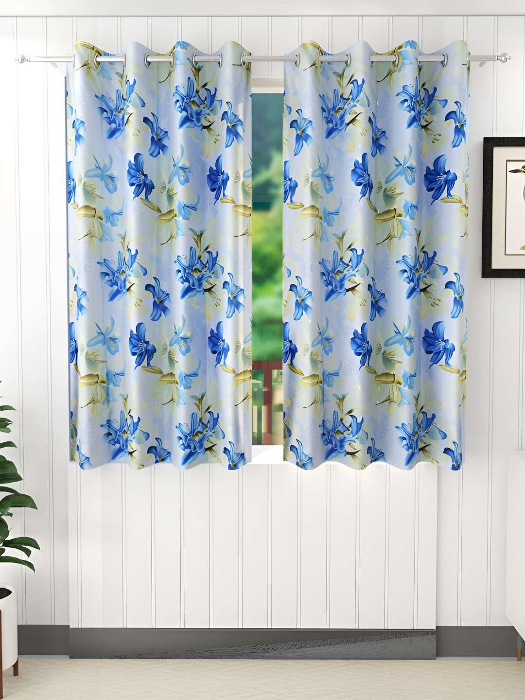 

Ville Style Blue & Grey 2Pcs Floral Room Darkening Window Curtains