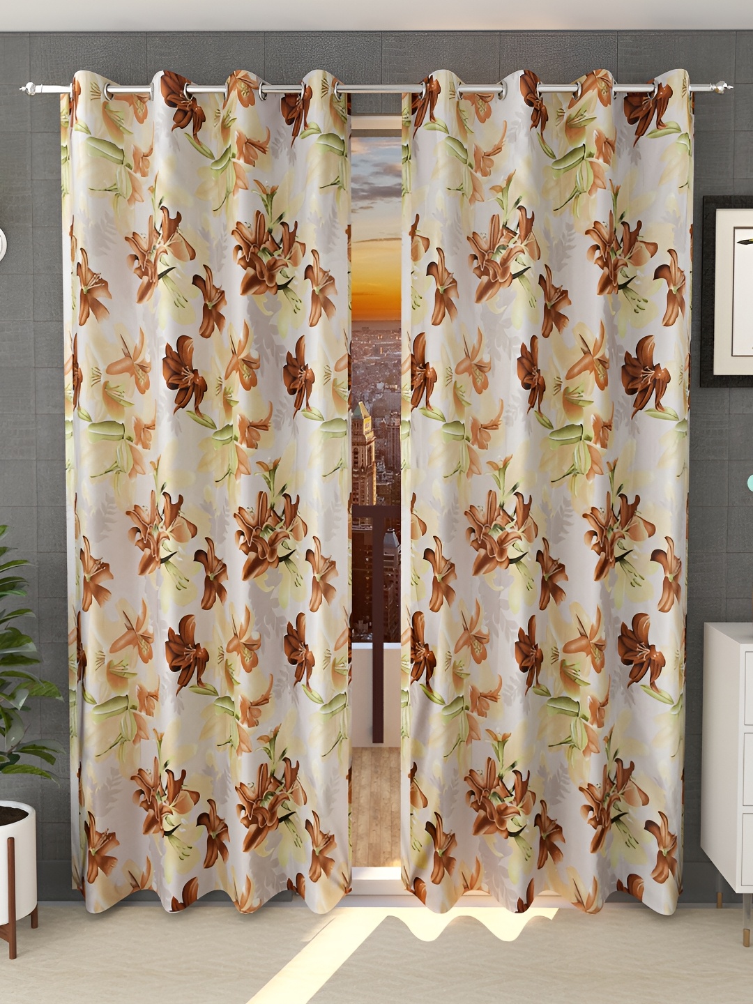 

Ville Style Brown & Green 2Pcs Floral Room Darkening Long Door Curtains