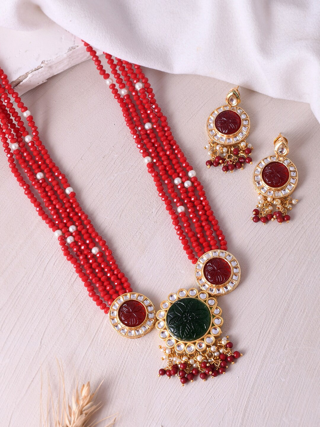 

Silvermerc Designs Gold-Plated Kundan-Studded & Beaded Meenakari Jewellery Set, Red