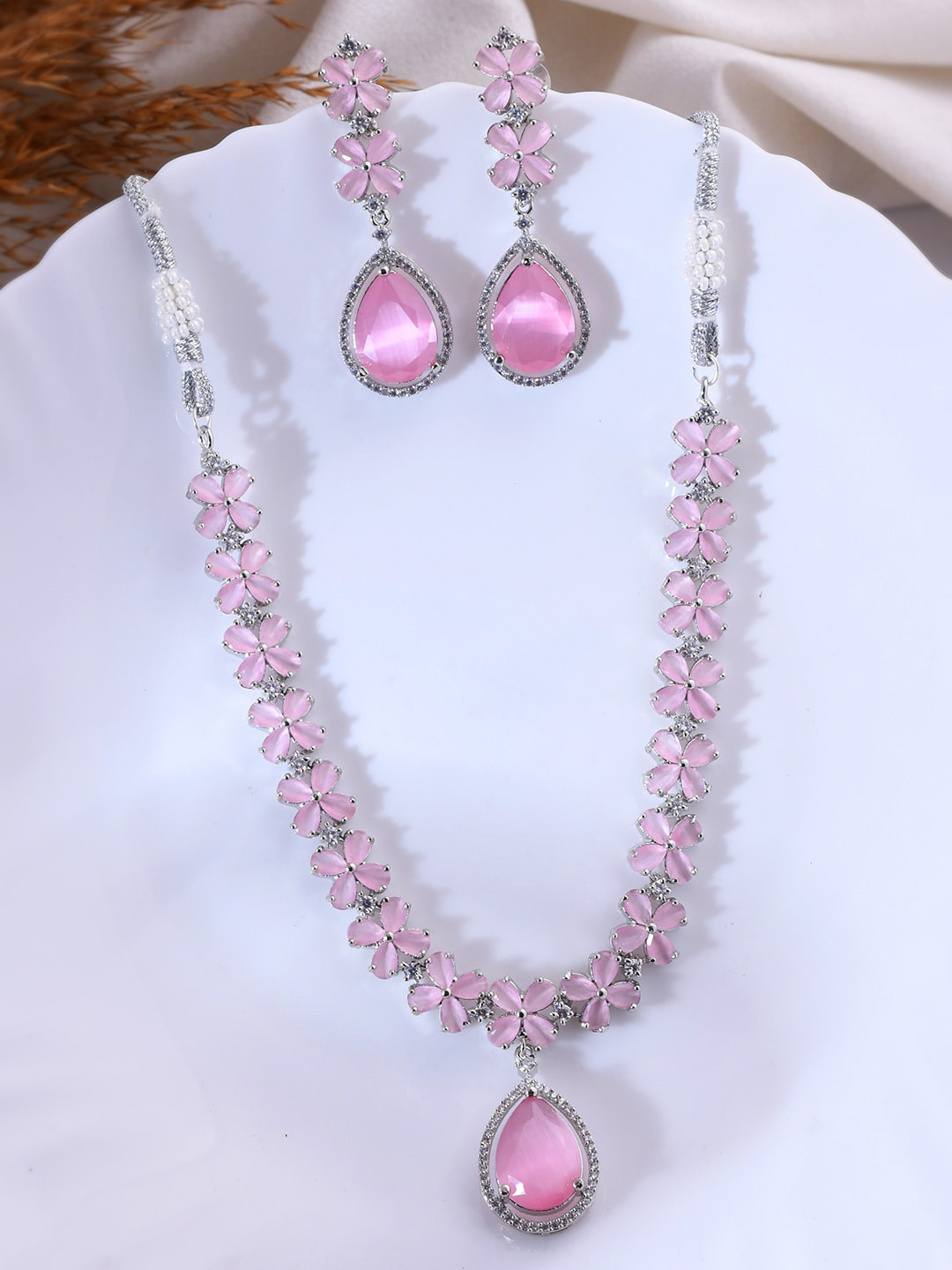 

Silvermerc Designs Silver-Plated American Diamond Studded Necklace With Earrings