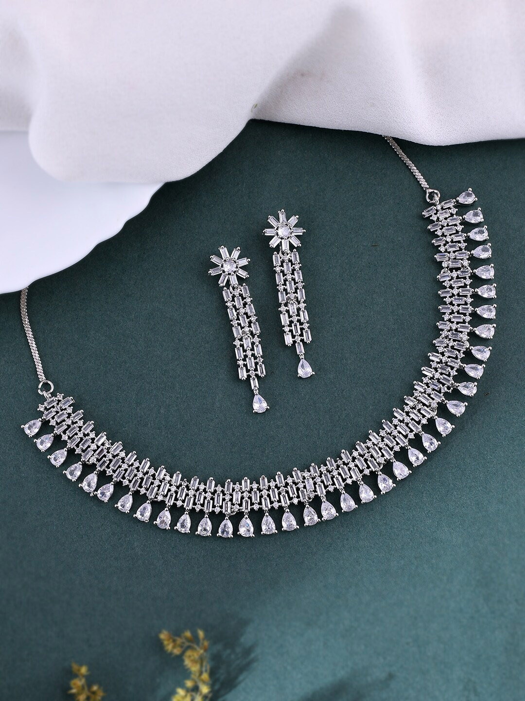 

Silvermerc Designs Silver-Plated American Diamond Studded Necklace With Earrings