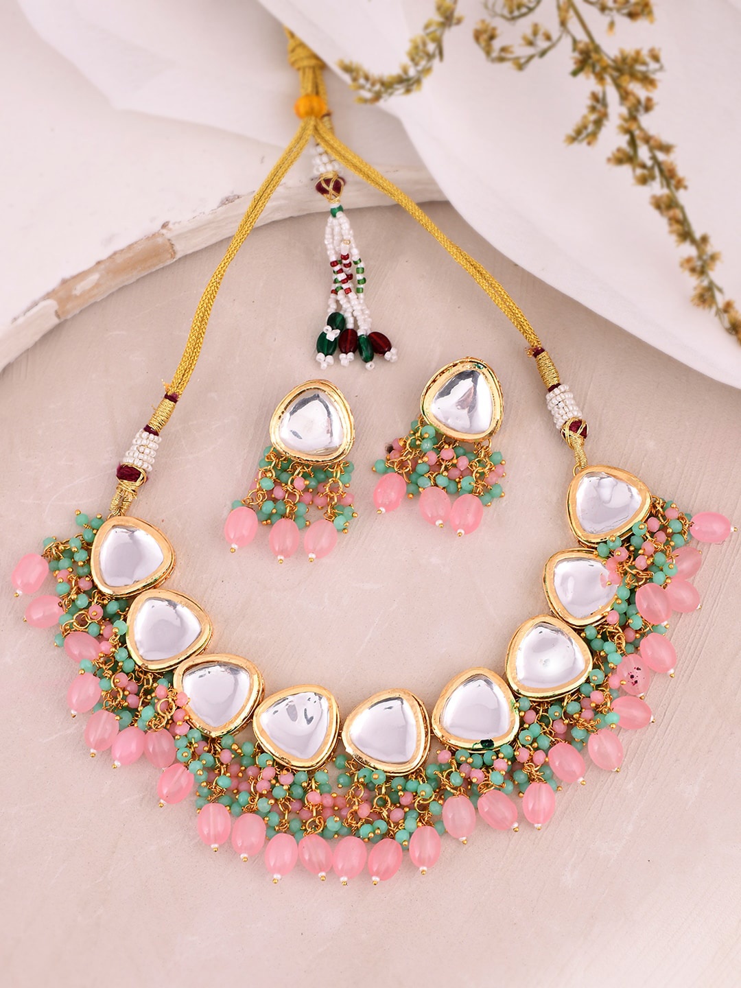 

Silvermerc Designs Gold-Plated Kundan Studded & Beaded Necklace With Earrings