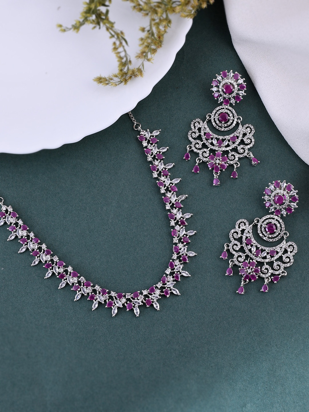 

Silvermerc Designs Silver-Plated American Diamond Studded Necklace With Earrings