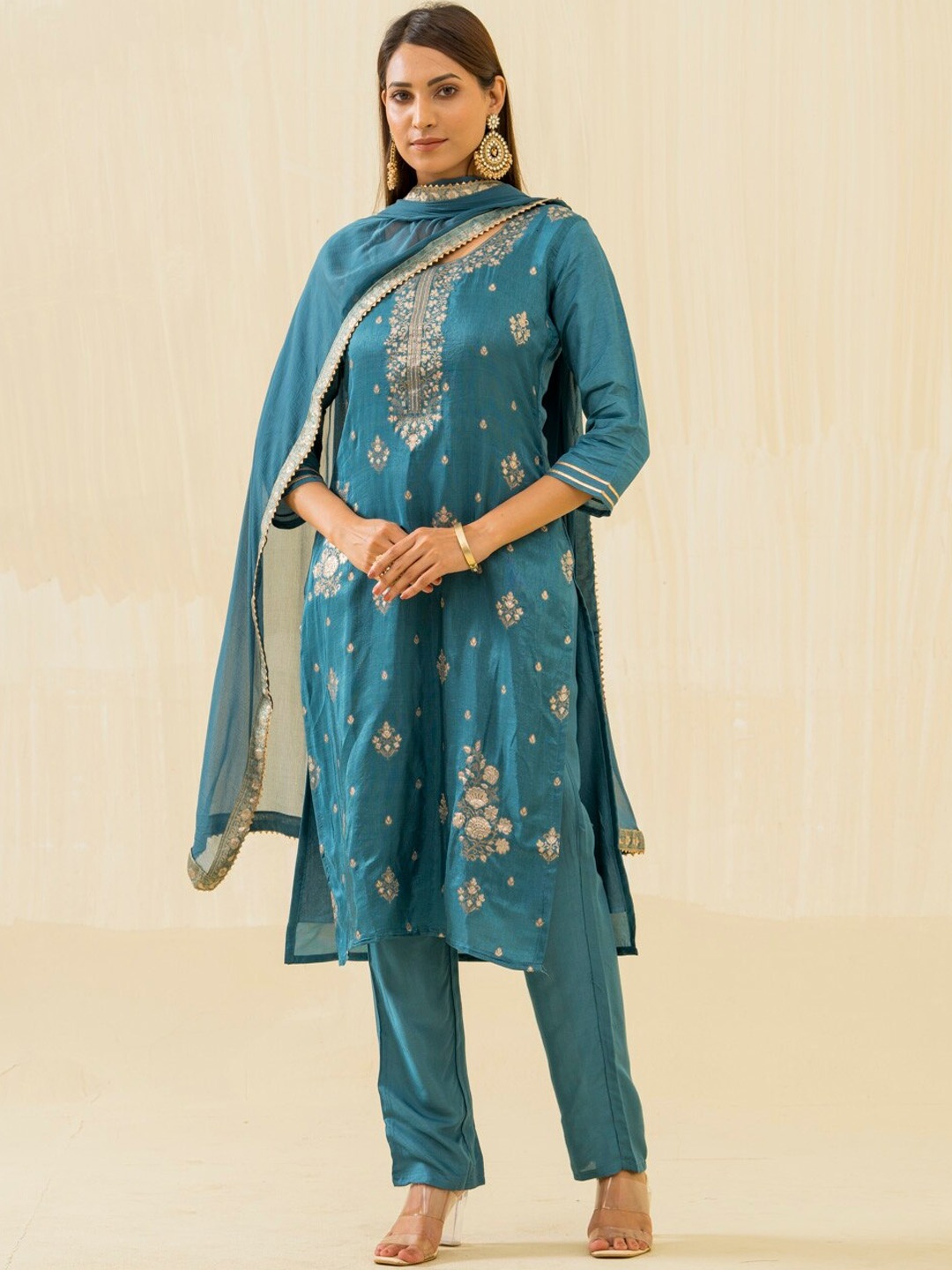 

House of Pataudi Embroidered Calf Length Kurta & Trousers With Dupatta, Teal