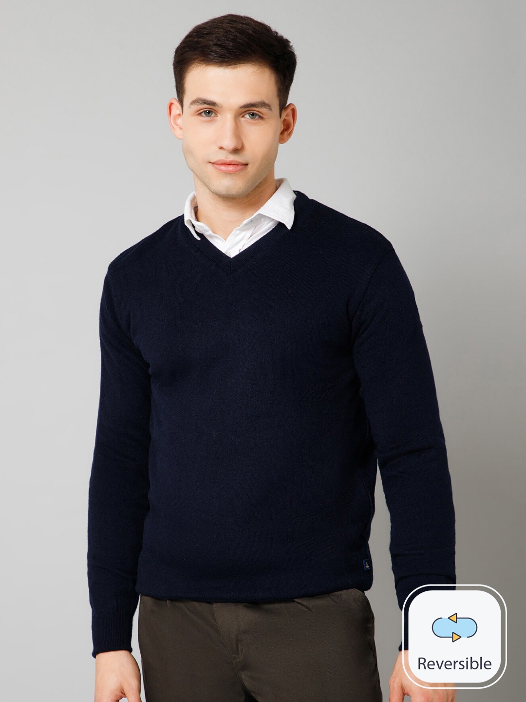 

Cantabil V-Neck Reversible Acrylic Pullover, Navy blue