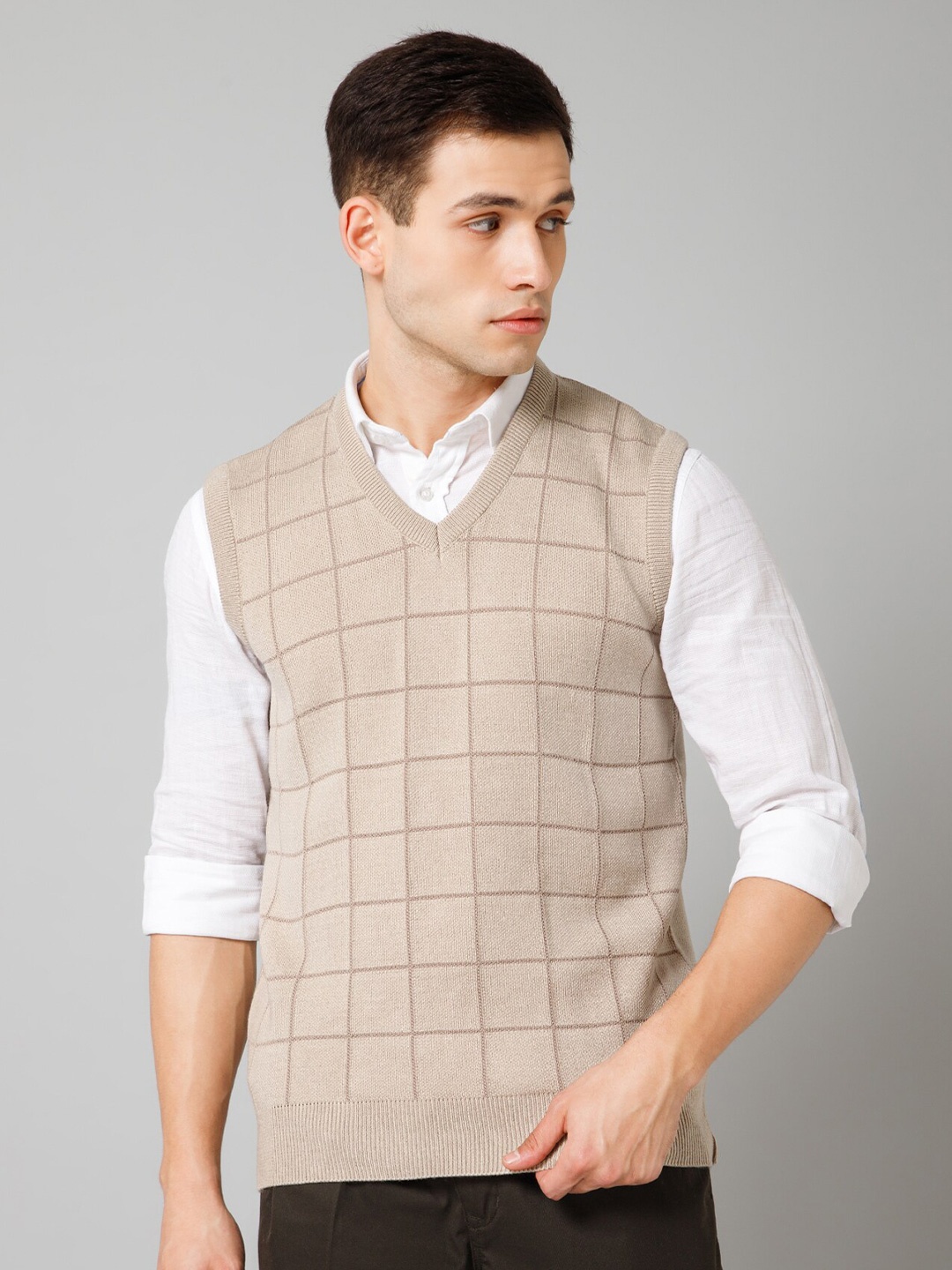 

Cantabil Checked Acrylic Sweater Vest, Beige