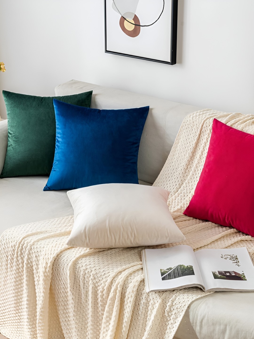 

stuffique Blue & Green 4 Pieces Velvet Square Cushion Covers
