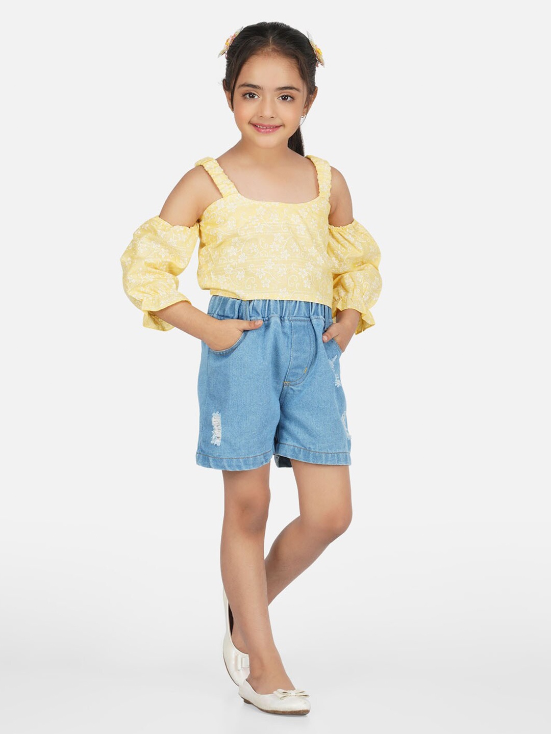 

HERE&NOW Girls Floral Printed Pure Cotton Clothing Set, Yellow
