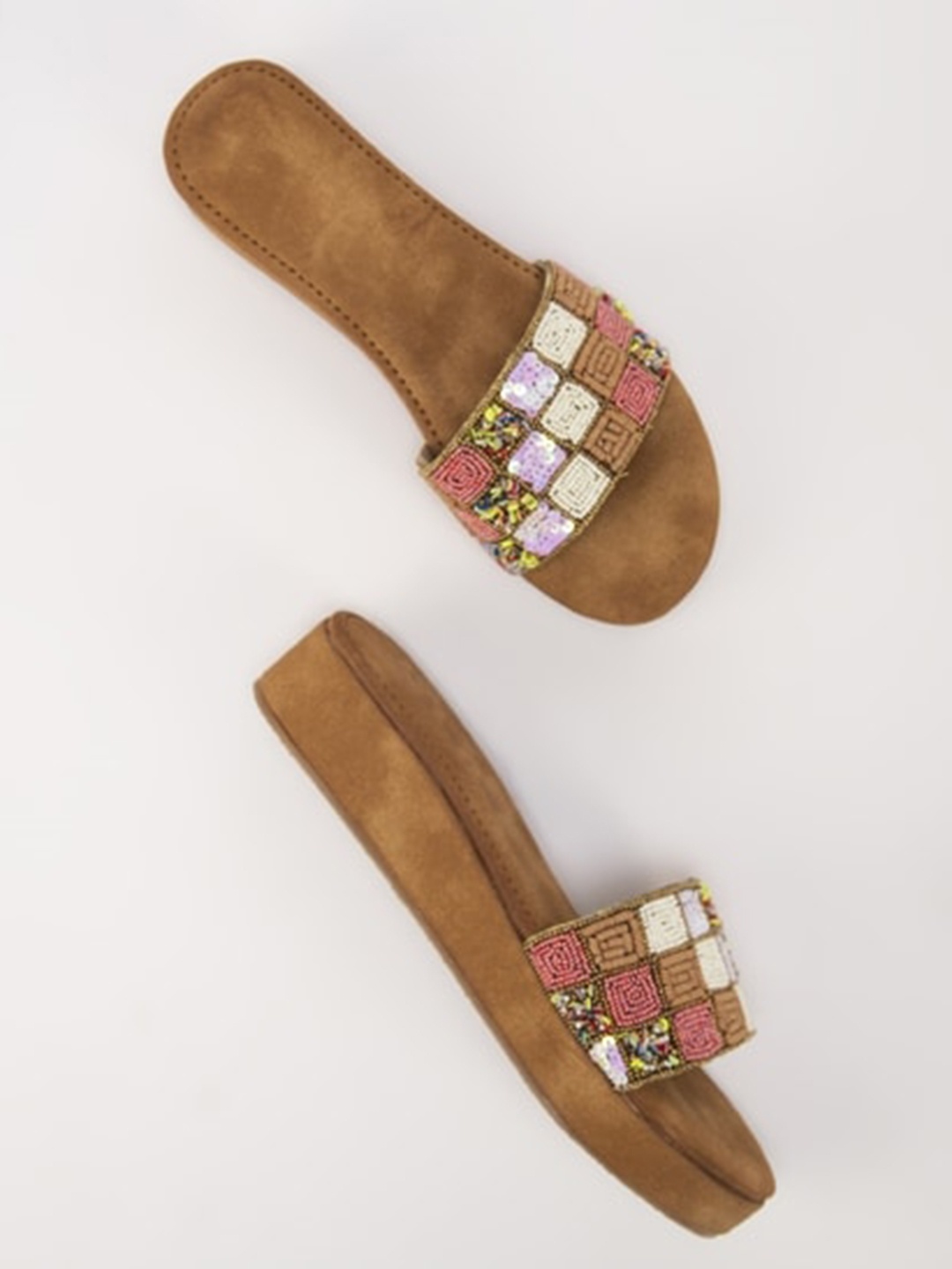 

THE WHITE POLE Embellished Open Toe Suede Flatform Heels, Brown