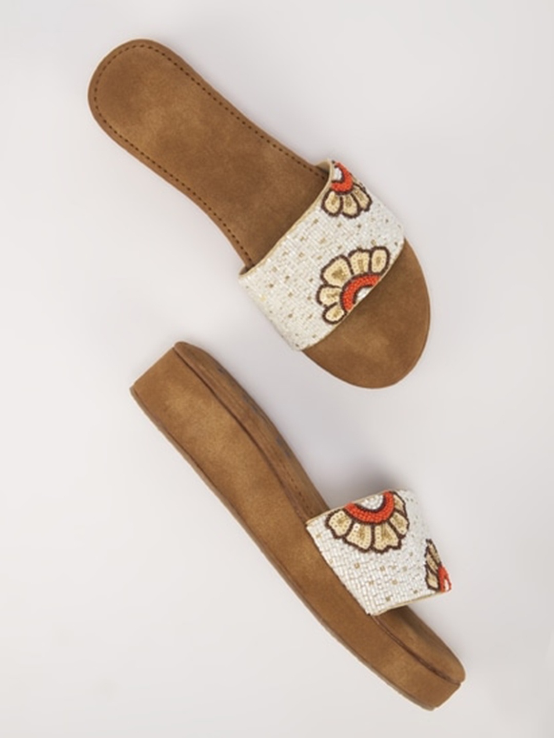 THE WHITE POLE Embellished Suede Platform Ethnic Heels, Off white