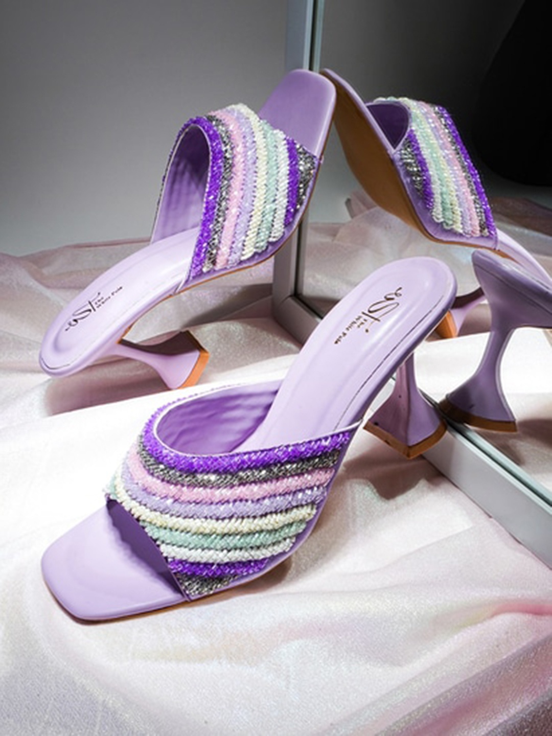 

THE WHITE POLE Embellished Open Toe Block Heels, Lavender