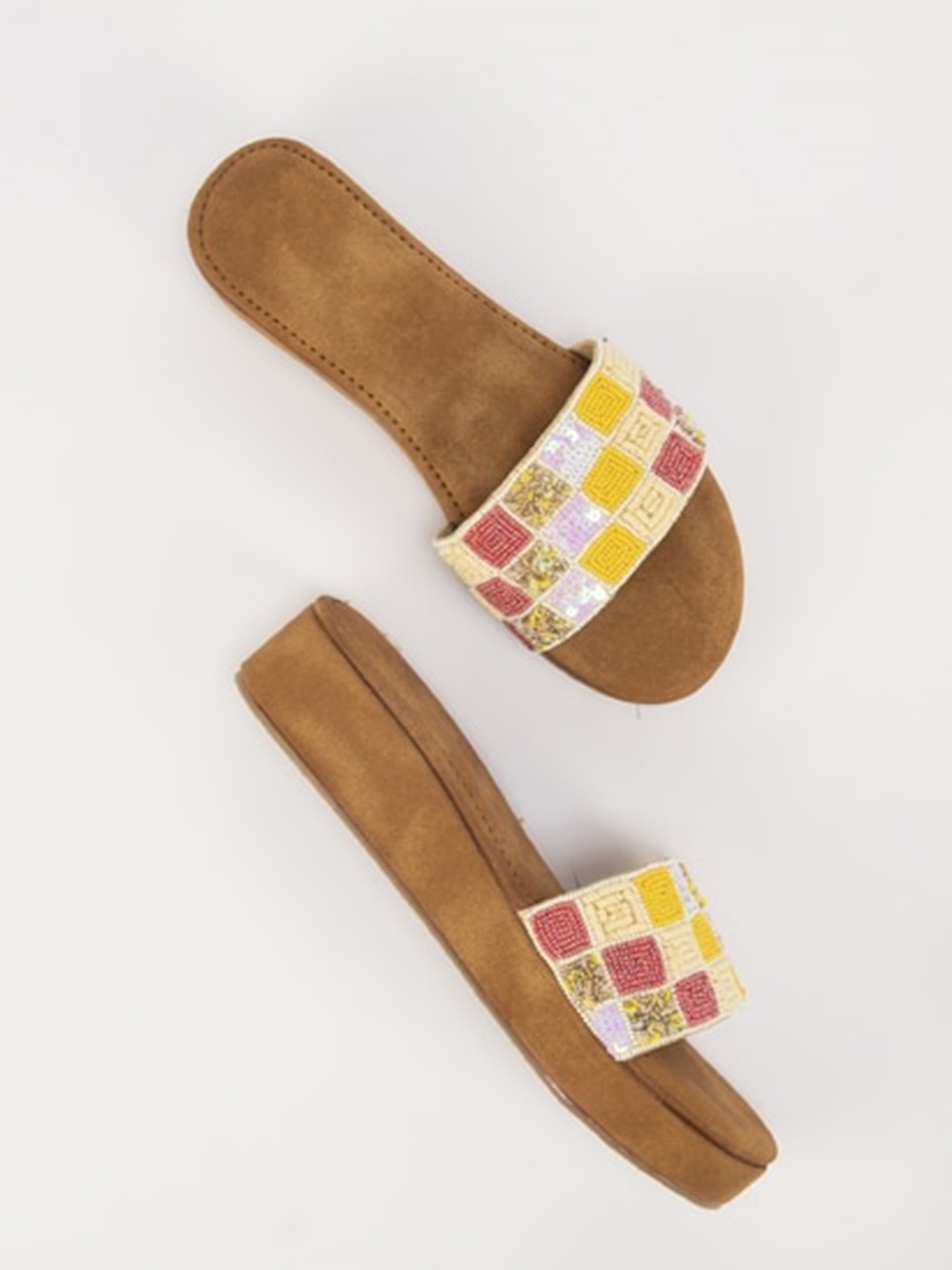 THE WHITE POLE Embellished Open Toe Suede Flatform Heels, Yellow