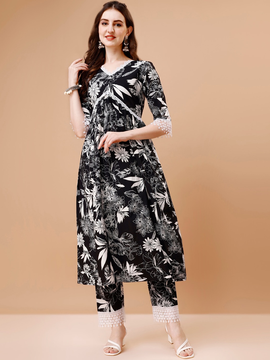 

KALINI Floral Printed Pure Cotton A-Line Kurta with Trousers, Black