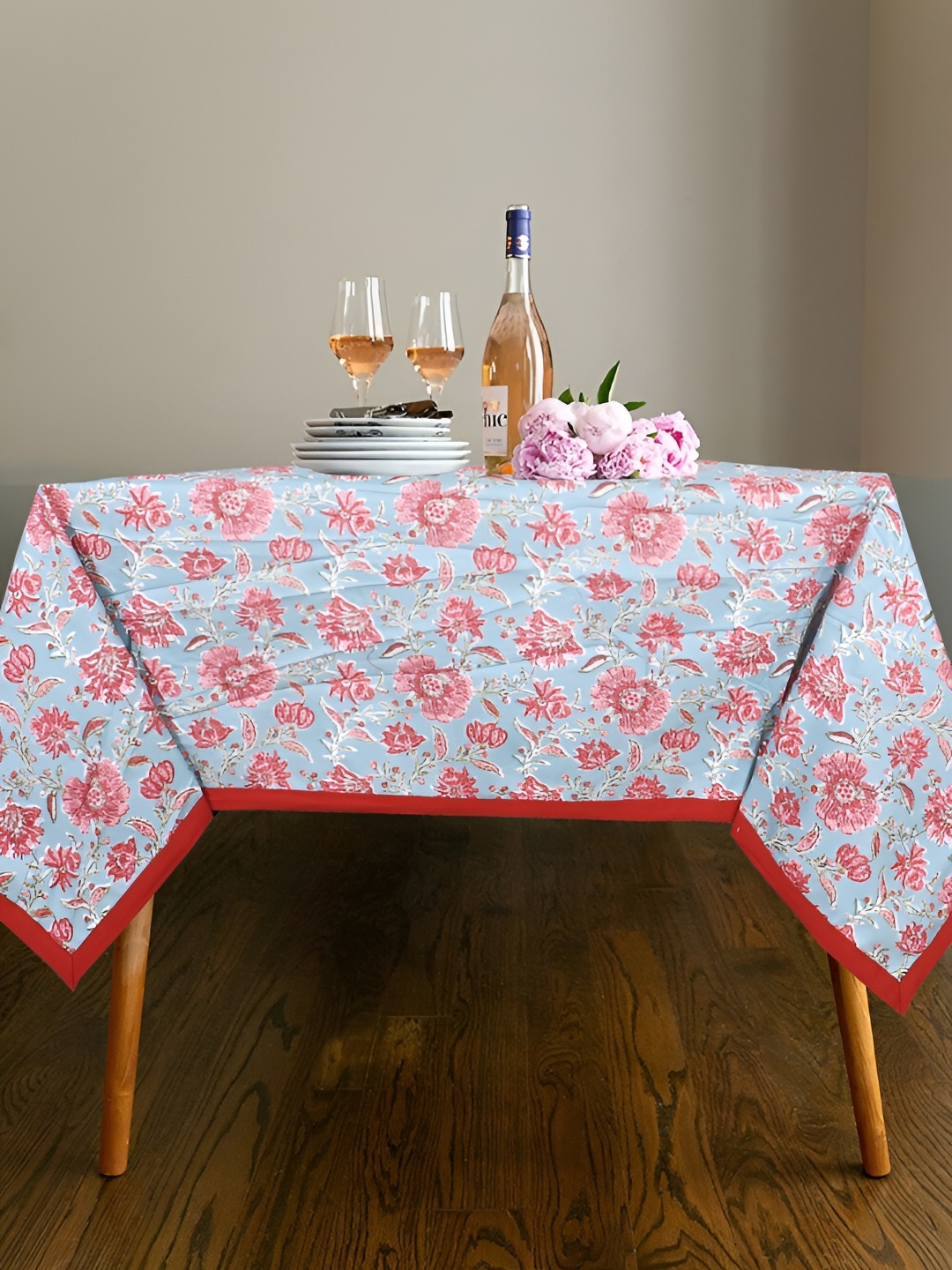 

Texstylers Blue & Red Floral Printed Anti-Slip Cotton 4-Seater Square Table Cover