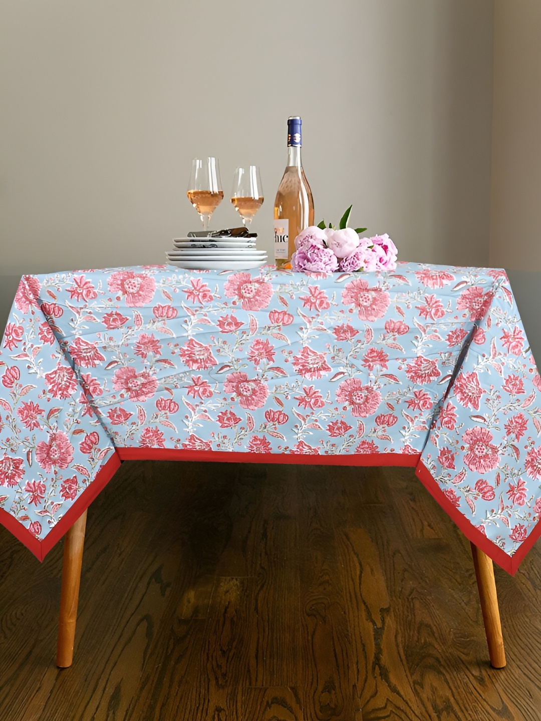 

Texstylers Red & Blue Floral Printed Anti Slip Cotton 4 Seater Table Cover