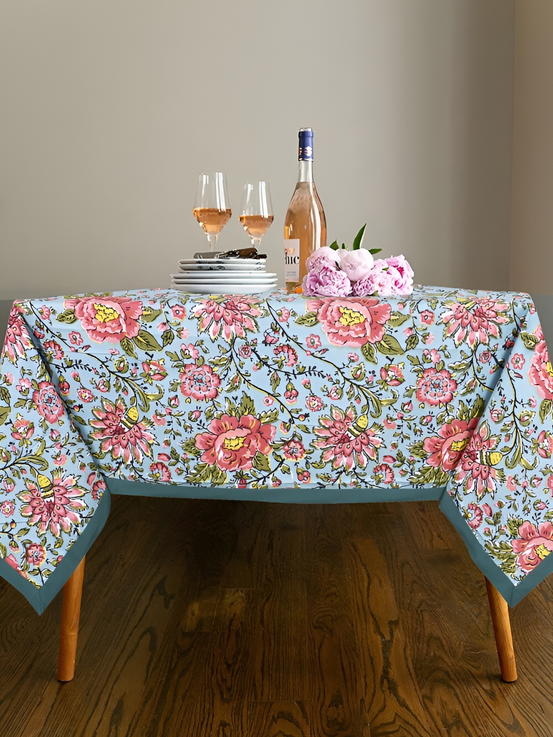 

Texstylers Blue & Pink Floral Anti Slip Cotton 4 Seater Table Cover