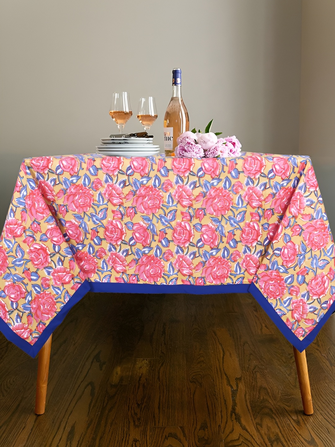 

Texstylers Mustard & Pink Floral Anti-Slip Cotton 4-Seater Table Cover