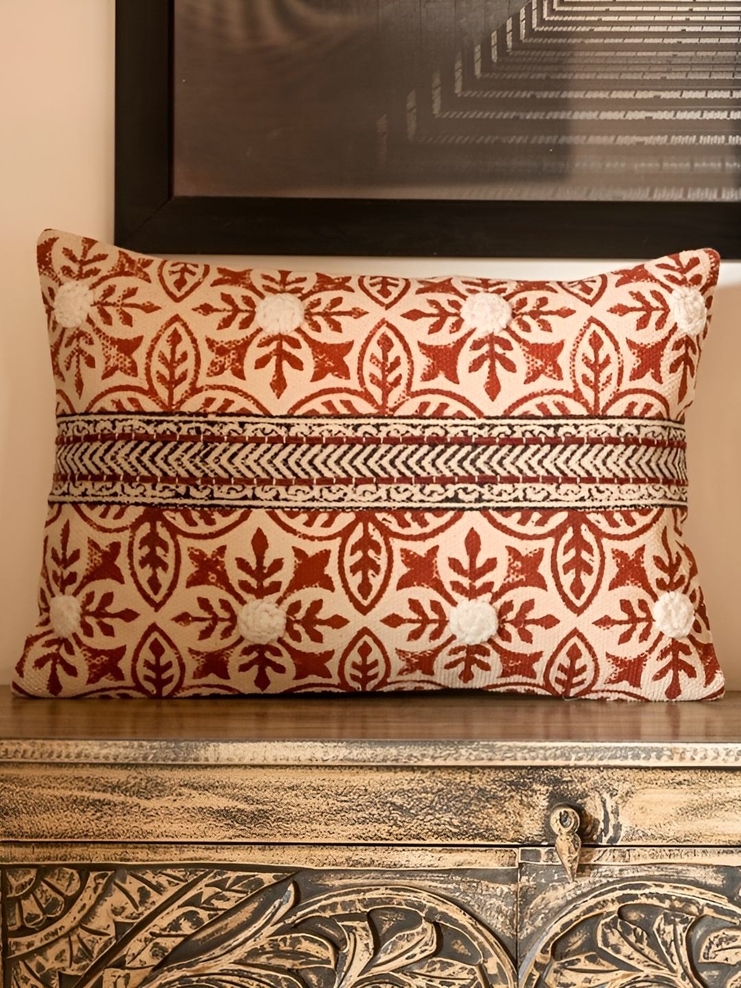 

ABSTRACT INDIA Cream & Red Ethnic Motifs Cotton Rectangle Cushion Cover