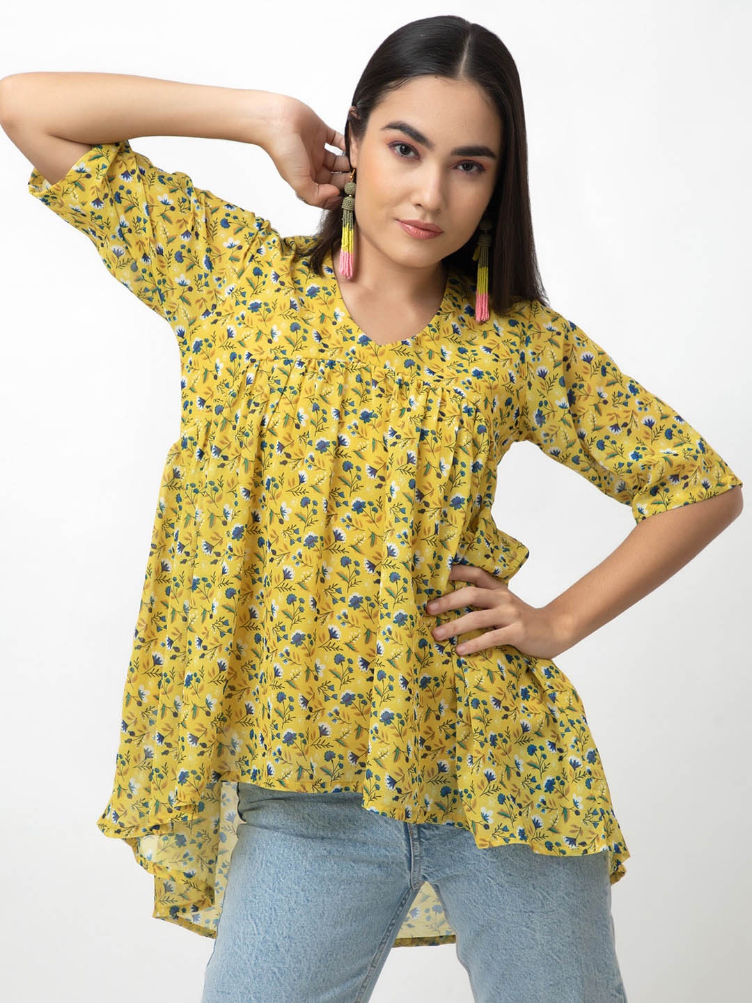 

Dee Monash Floral Printed V-Neck Puff Sleeve Regular Top, Mustard