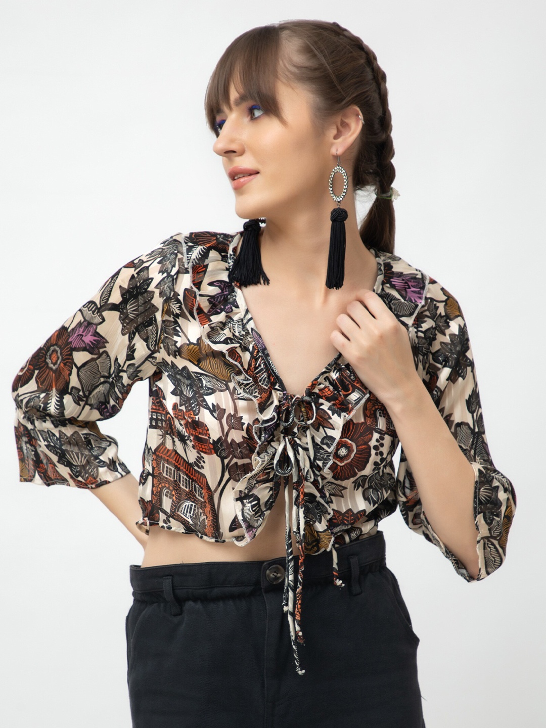 

Dee Monash Floral Printed Bell Sleeve Georgette Crop Top, Beige