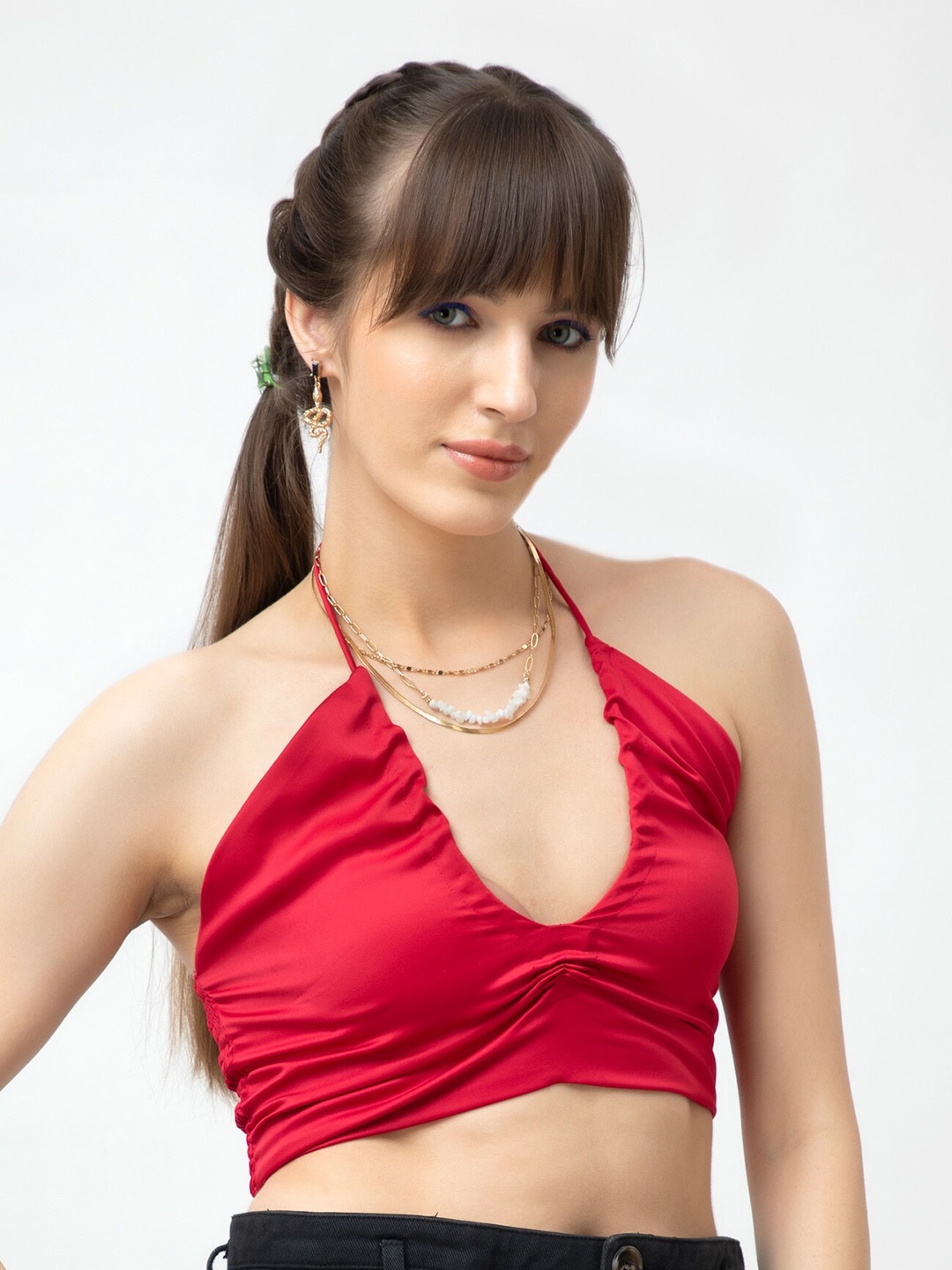 

Dee Monash Halter Neck Styled Back Crop Top, Red