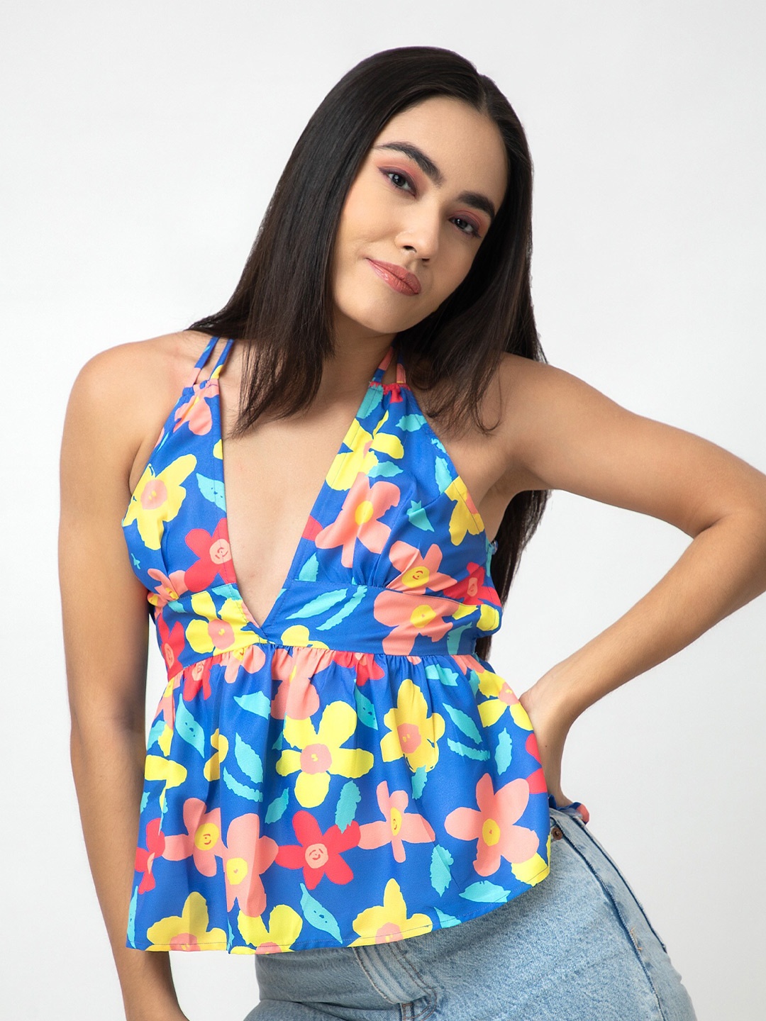 

Dee Monash Floral Printed Halter Neck Peplum Top, Blue