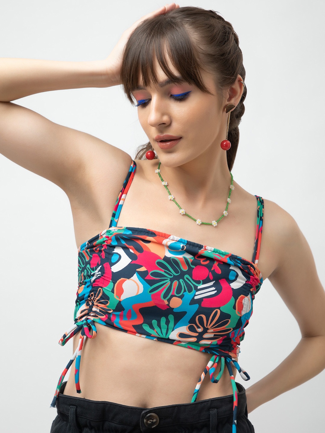 

Dee Monash Geometric Printed Crepe Ruched Smocked Fitted Crop Top, Navy blue
