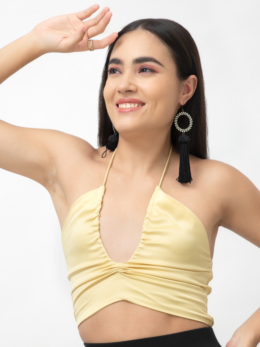 

Dee Monash Halter Neck Smocked Tie Up Bralette Crop Top, Beige