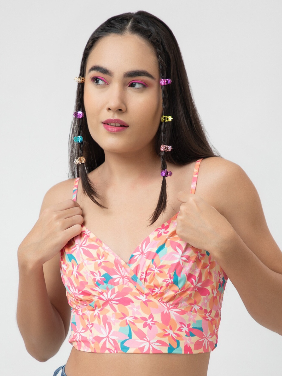 

Dee Monash Floral Printed Georgette Smocked Bralette Crop Top, Pink