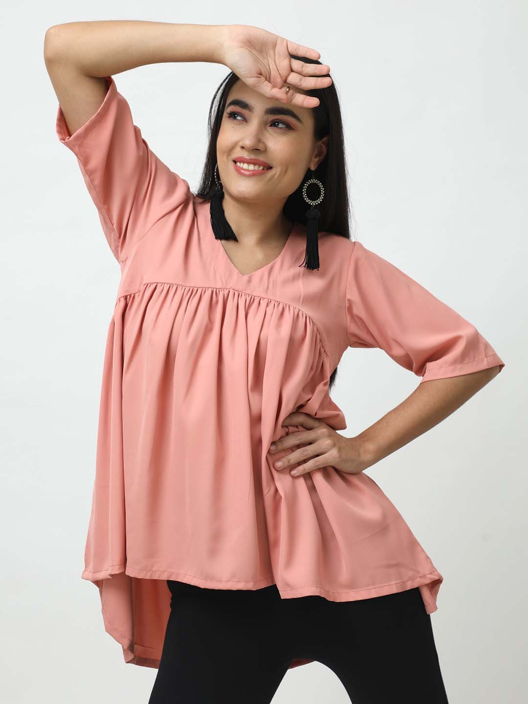 

Dee Monash V-Neck Gathered or Pleated Oversized High-Low Longline Top, Peach