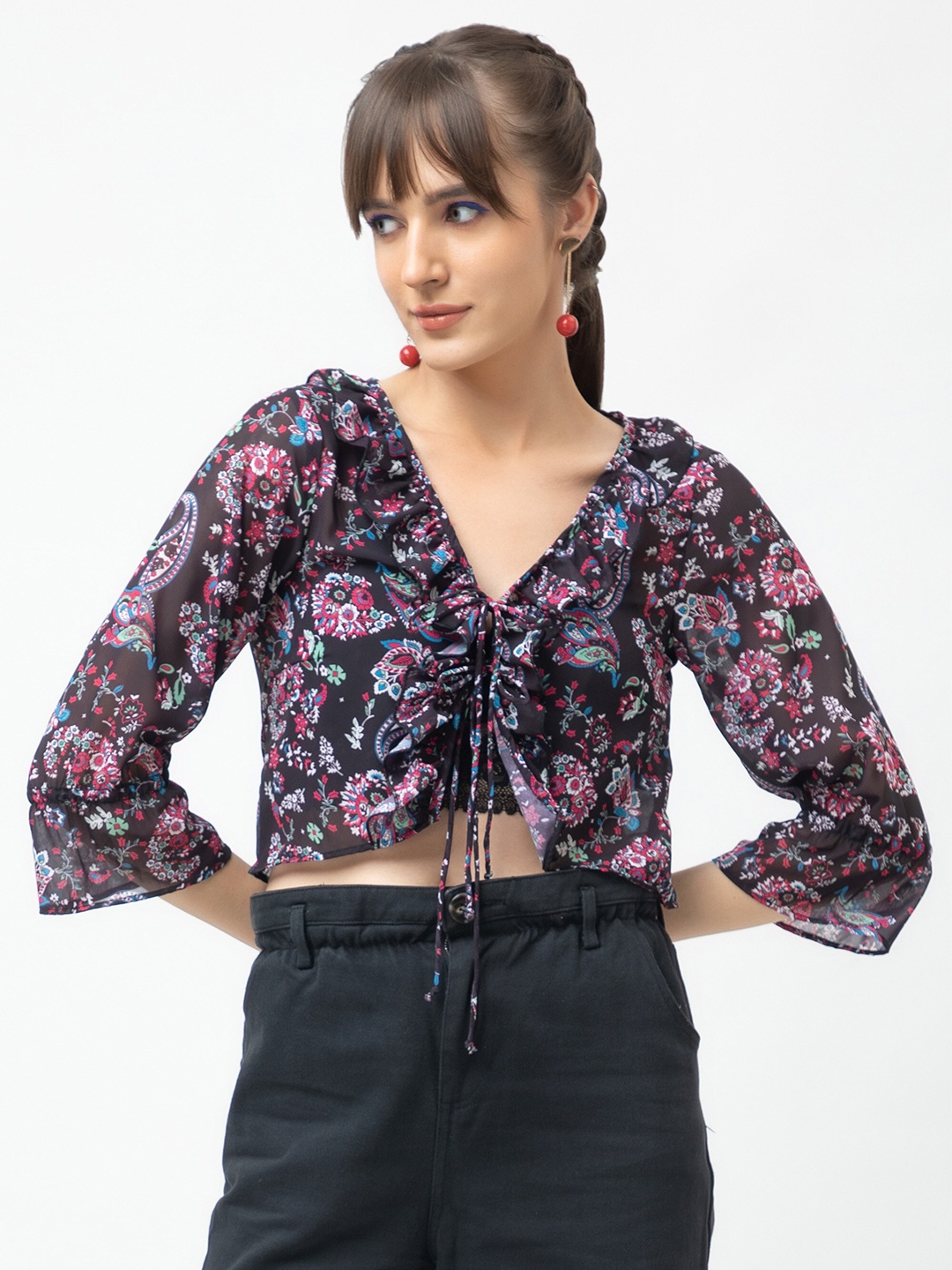 

Dee Monash Floral Printed Bell Sleeve Georgette Tie Up Crop Top, Black