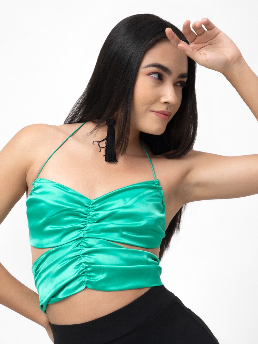 

Dee Monash Halter Neck Cut Out Satin Crop Top, Sea green