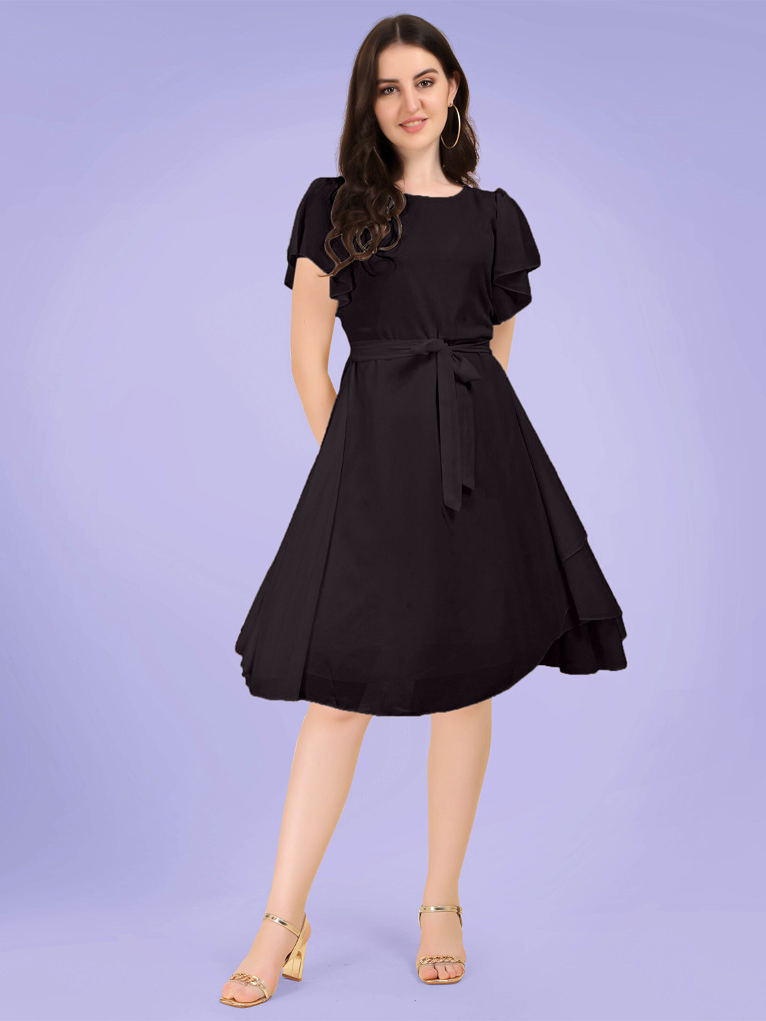 

Femvy Flutter Sleeves Georgette Fit & Flare Dress, Black