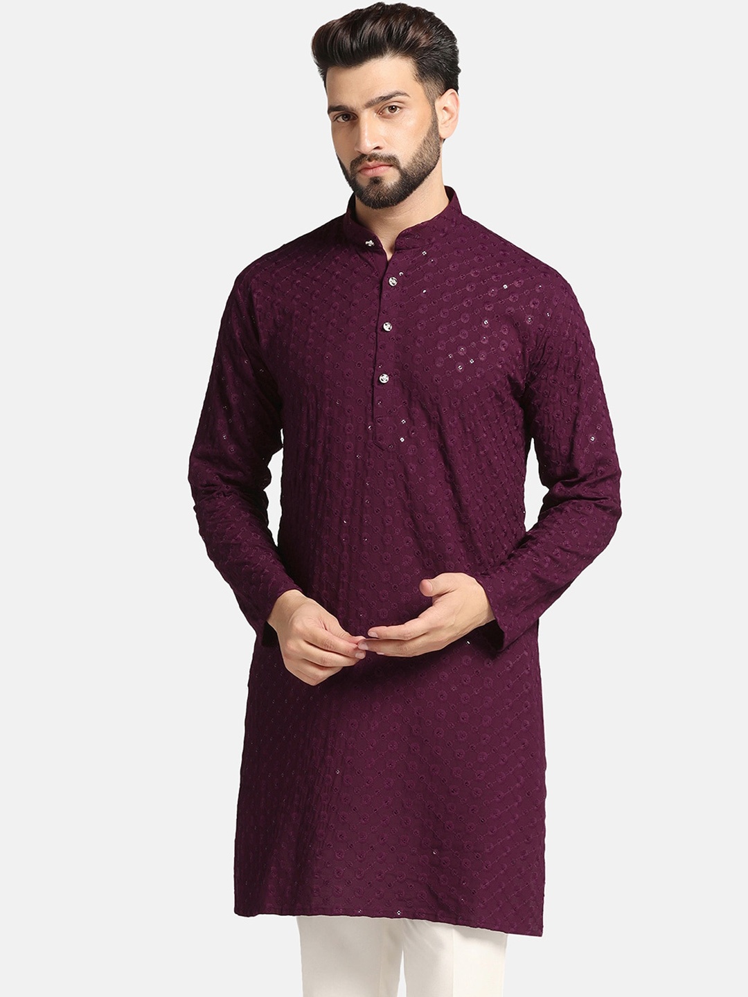 

ahhaaaa Ethnic Motifs Sequinned Embroidered Regular Cotton Kurta, Burgundy