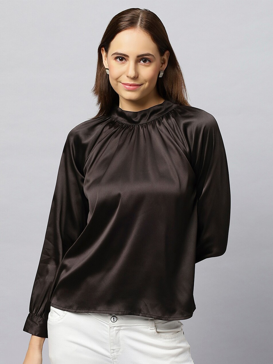 

Chemistry Round Neck Cuffed Sleeves Gathered Satin Regular Top, Black