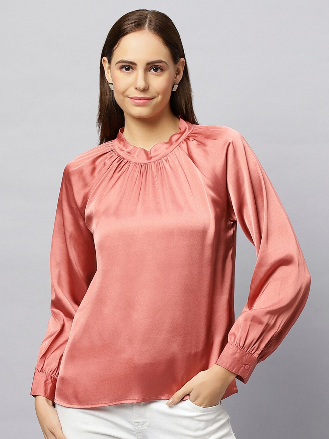 

Chemistry Round Neck Cuffed Sleeves Gathered Satin Regular Top, Rose