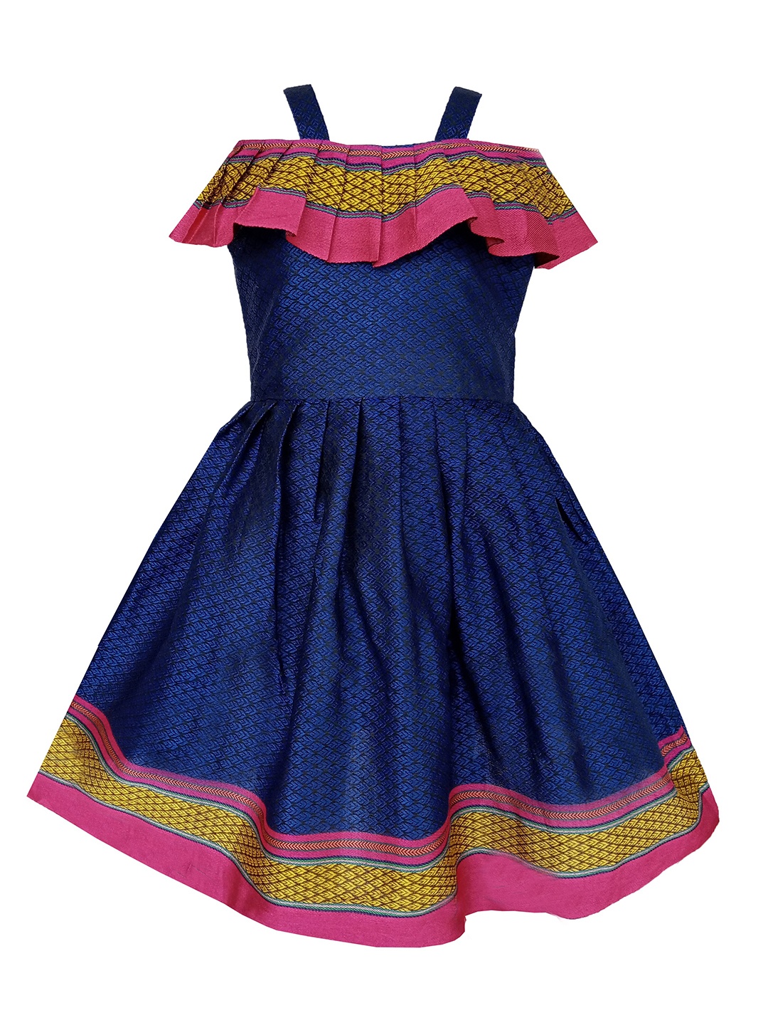 

BAESD Girls Ethnic Motifs Self Design Shoulder Straps Silk Fit and Flare Ethnic Dress, Blue