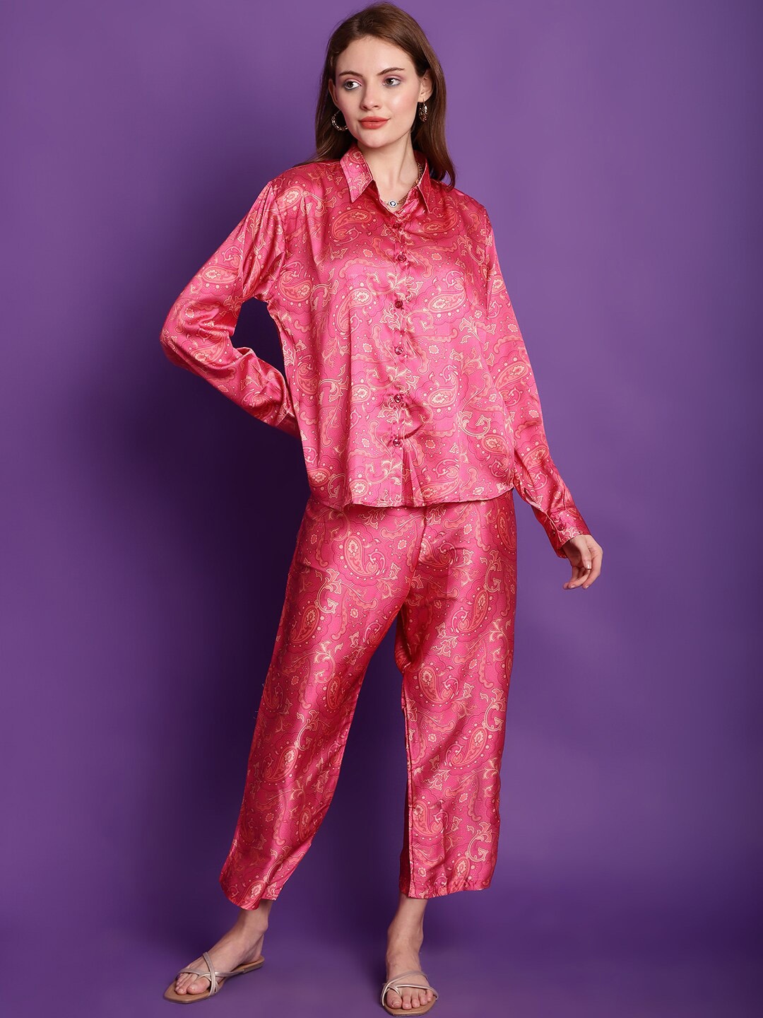 

TAG 7 Printed Satin Night Suit, Pink