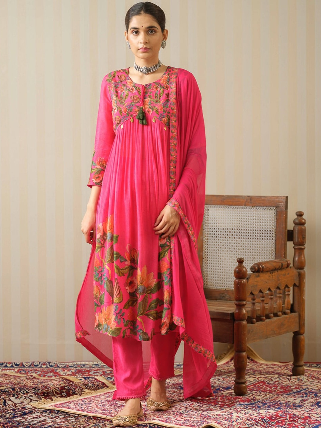 

Sangria Pink Floral Embroidered Sequined Kurta With Trousers & Dupatta