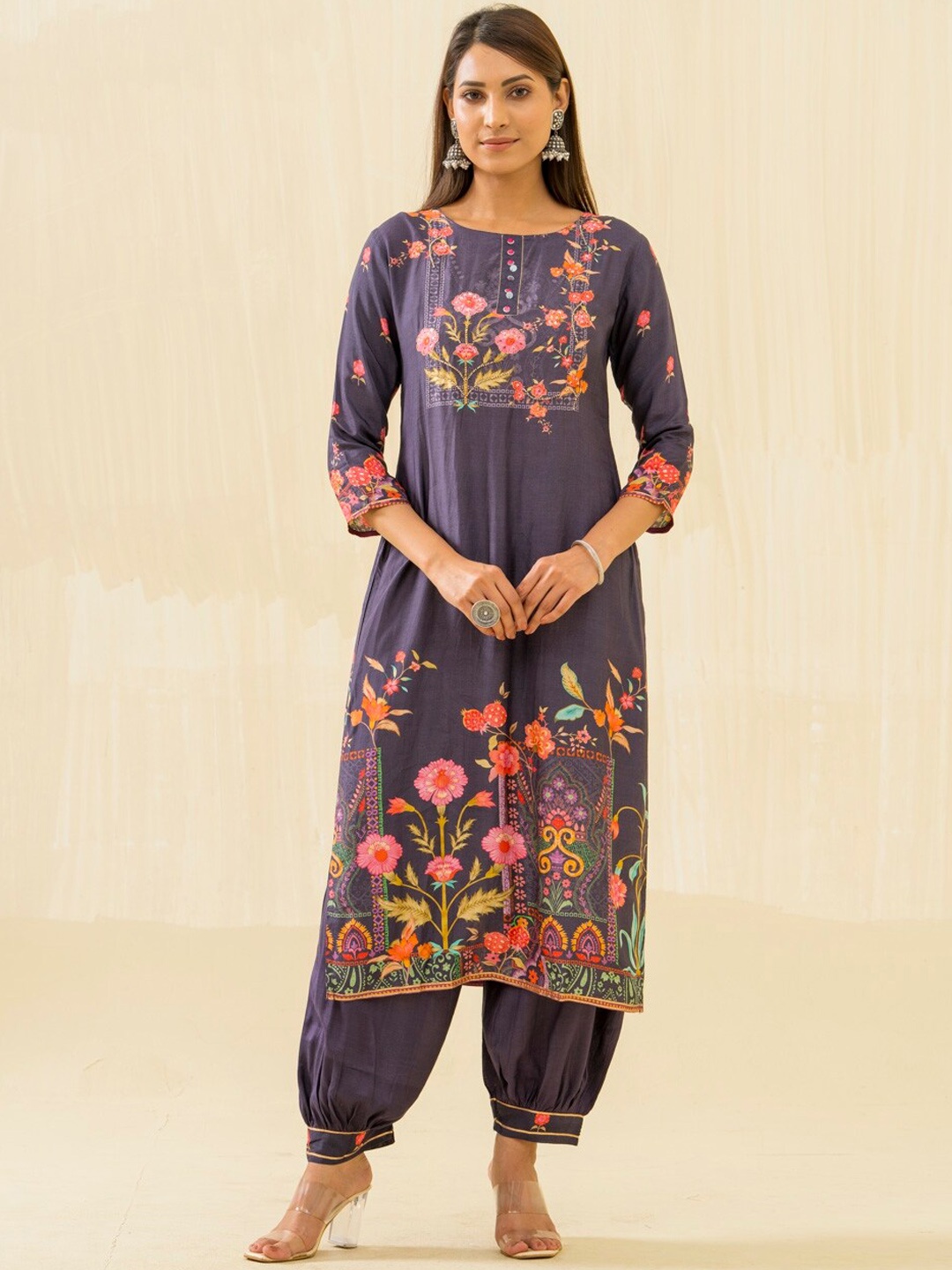 

Sangria Floral Printed Sequinned Kurta with Salwar, Purple