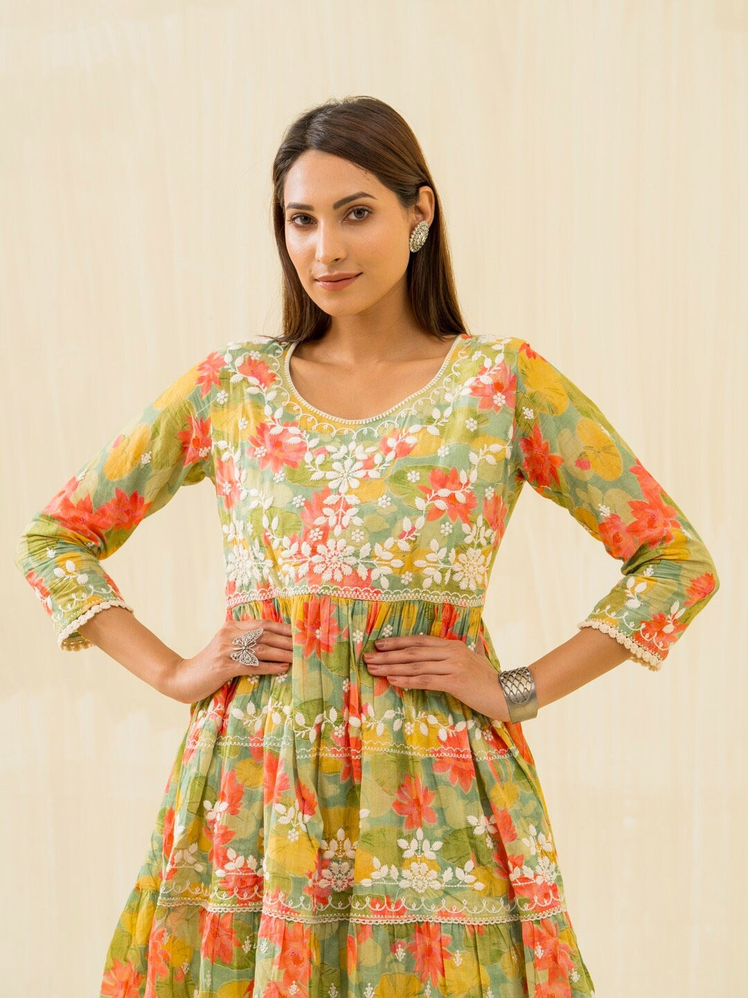 

Sangria Floral Printed Thread Work Tiered Anarkali Kurta, Green
