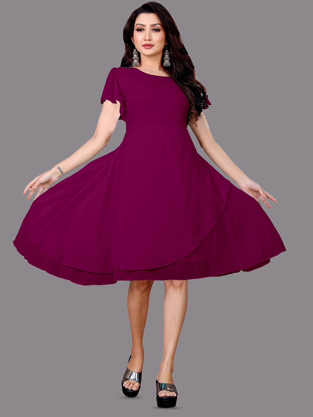 

Femvy Flutter Sleeves Georgette Fit & Flare Dress, Magenta