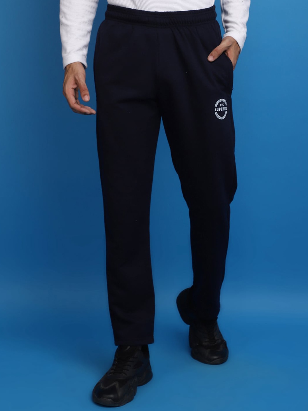 

V-Mart Men Mid-Rise Cotton Corduroy Straight Track Pants, Navy blue