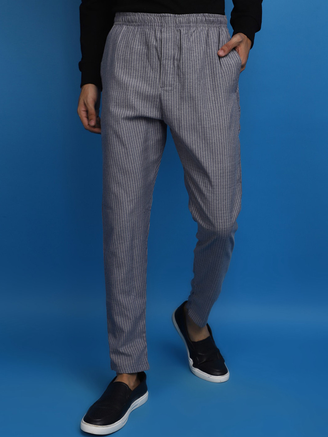 

V-Mart Men Striped Mid-Rise Straight Track Pants, Navy blue