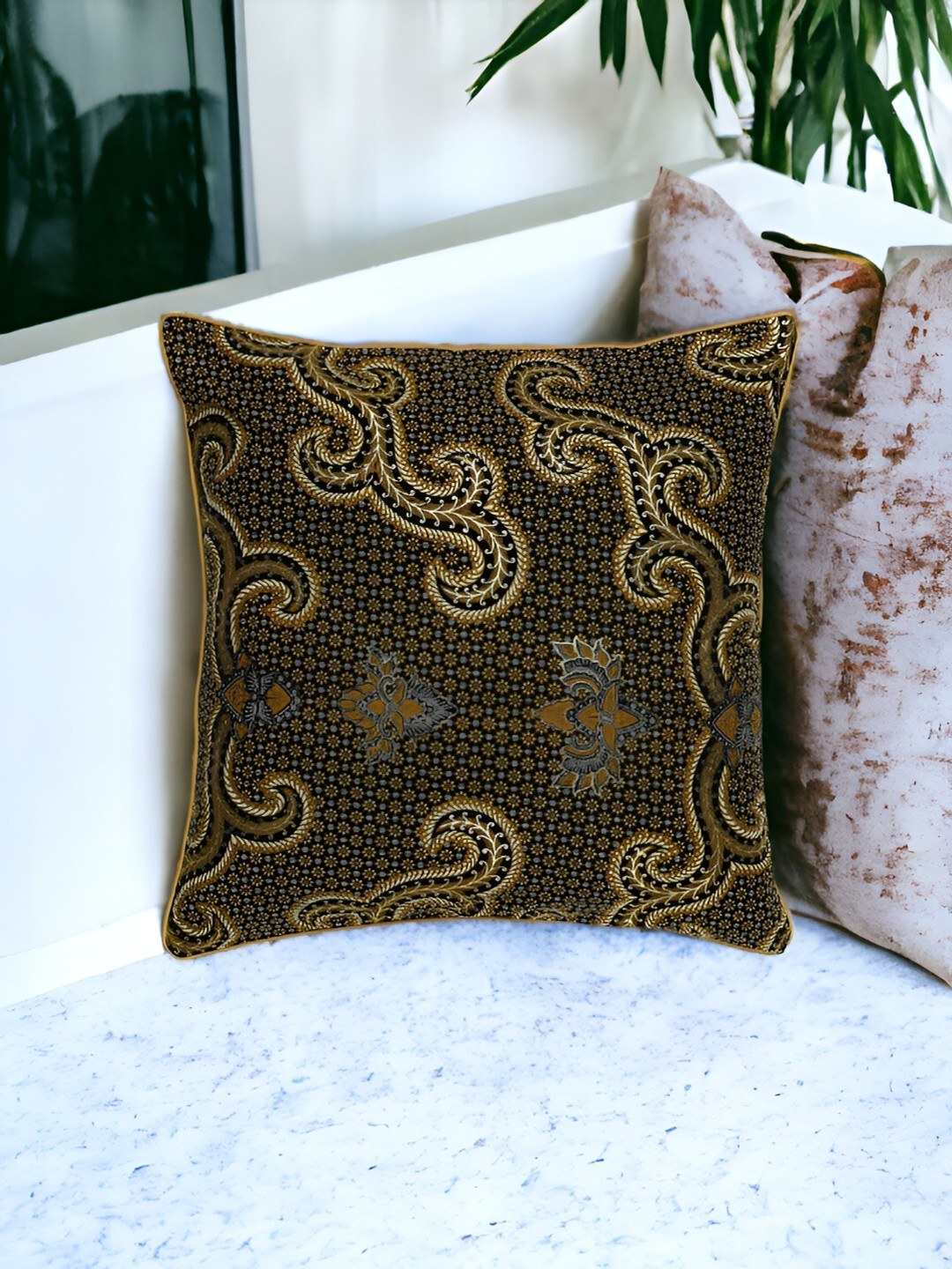 

THE COCOTIER Brown & Black Floral Printed Linen Square Cushion Cover