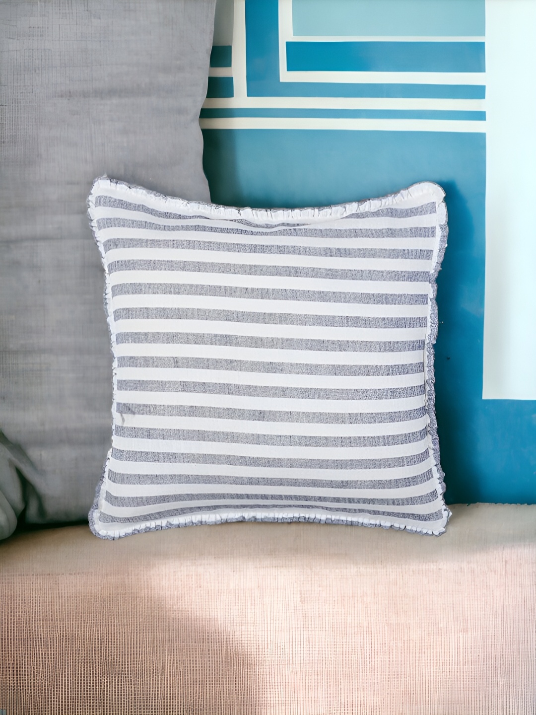 

THE COCOTIER White & Grey Striped Linen Square Cushion Cover