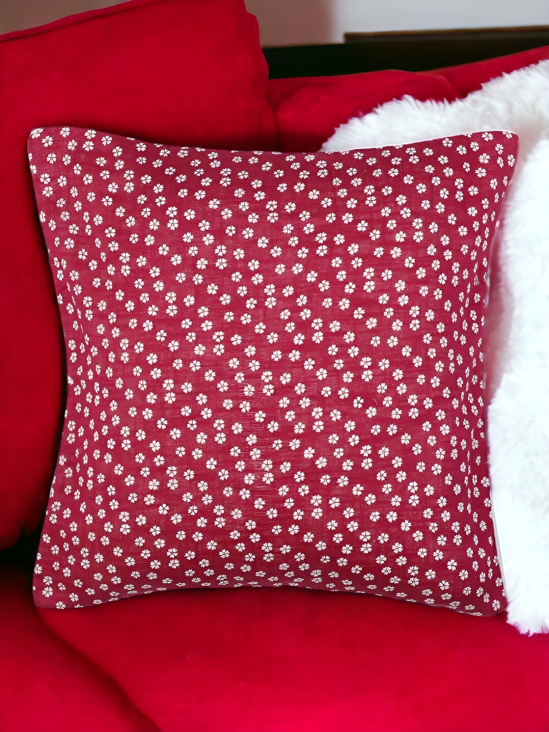 

THE COCOTIER Maroon Floral Linen Square Cushion Cover