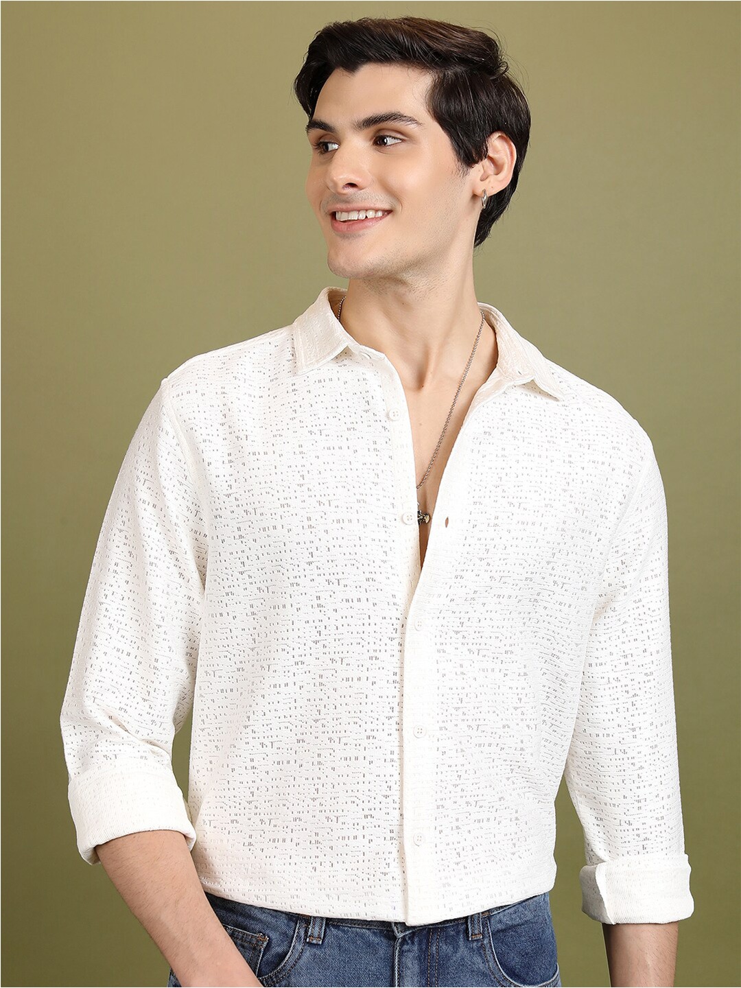

HIGHLANDER Self Design Oversized Casual Crochet Shirt, White