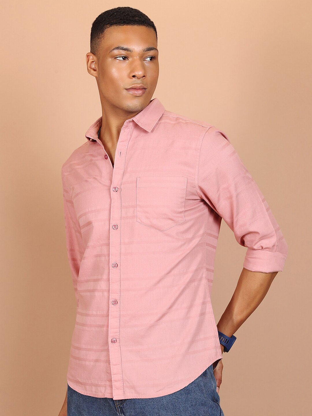 

HIGHLANDER Slim Fit Horizontal Striped Cutaway Collar Cotton Casual Shirt, Pink