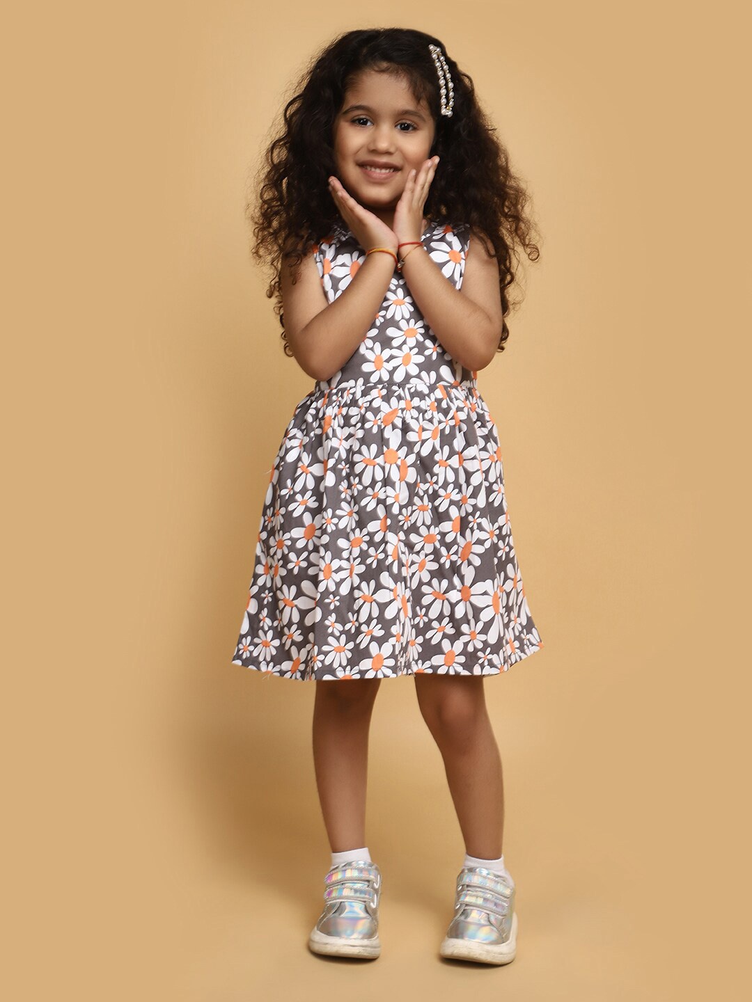 

V-Mart Girls Floral Printed Cotton A-Line Dress, Grey